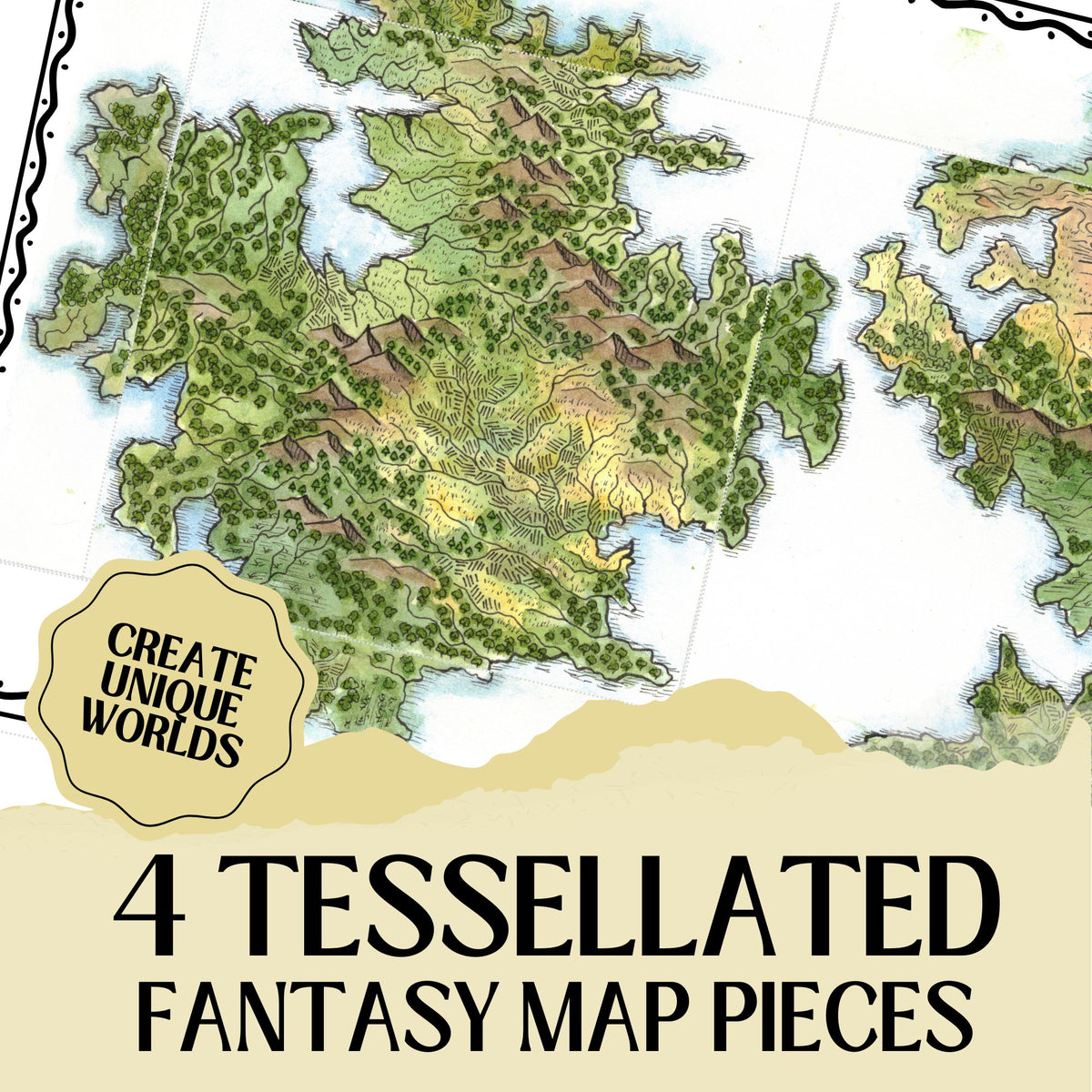 Printable Fantasy TTRPGs Colour Map | 4 Tessellated Map Pieces