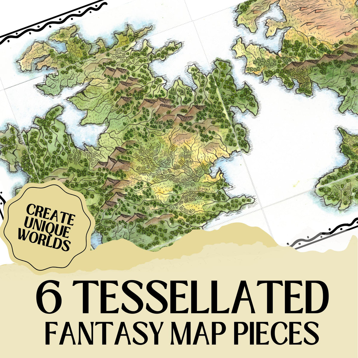 Printable Fantasy Colour Map | D&D and TTRPGs | 6 Tessellated Maps