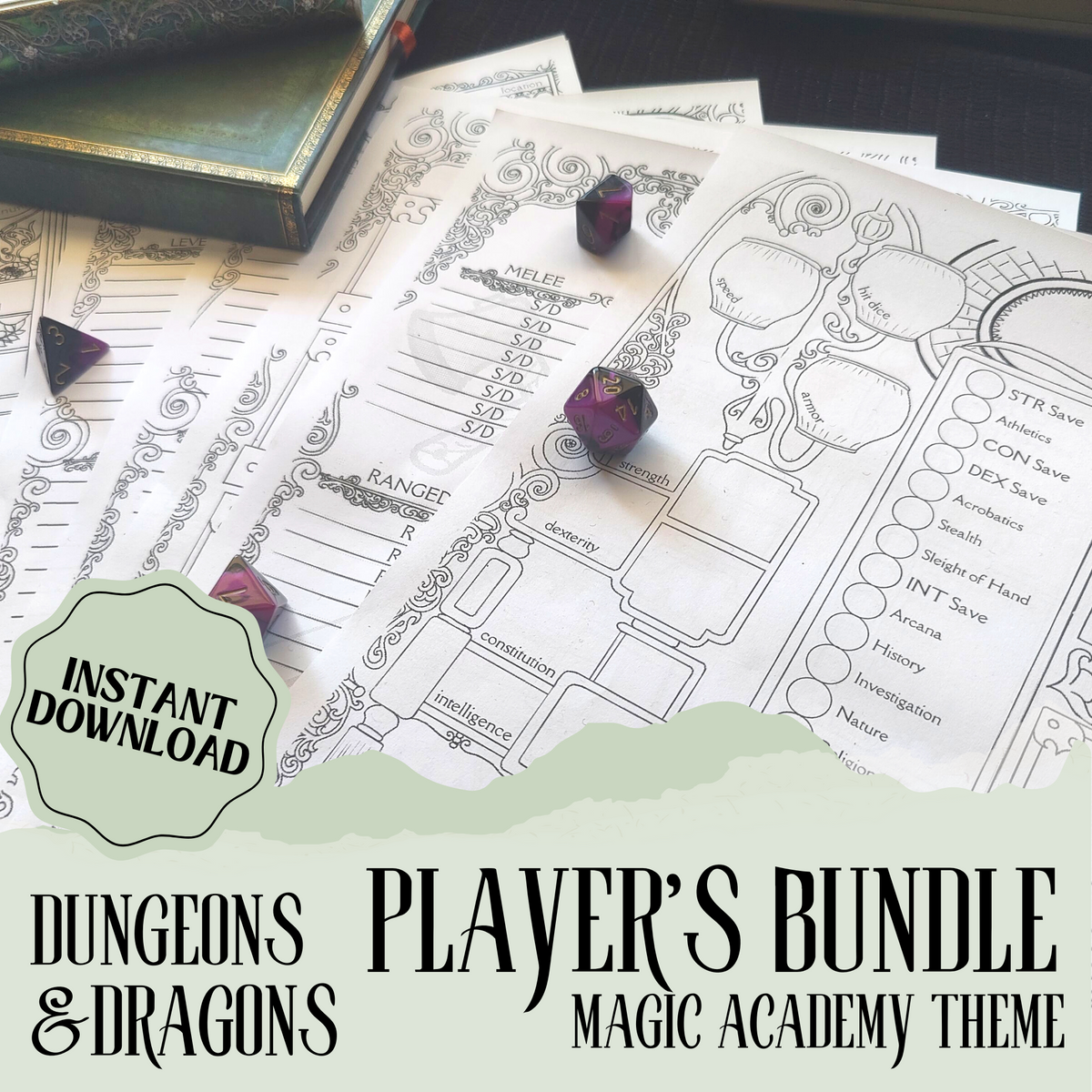 DnD Player Character Sheet & Notes Bundle | Magic Academia Theme